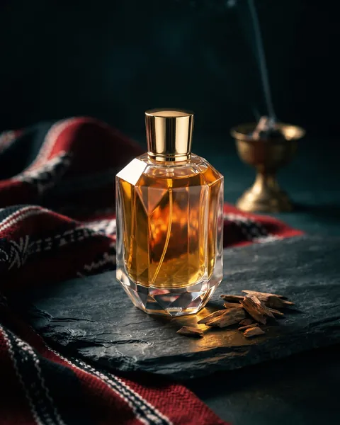 Oud perfume bottle on stone with Sadu fabric
